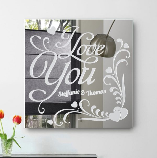 I Love You Herz Gravur Spiegel mit Motiv Geschenk Liebe Wandbild Deko Bild