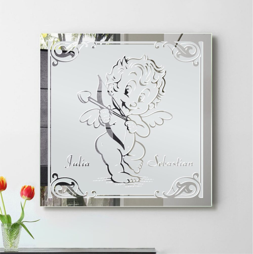 Amor Liebes Engel Motivspiegel Spiegel Motiv Hochzeitspaar Geschenk Unikat personalisiert Gravur Namen 1