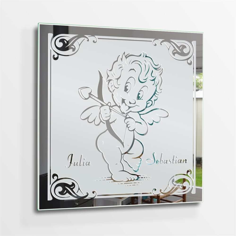 Amor Liebes Engel Motivspiegel Spiegel Motiv Hochzeitspaar Geschenk Unikat personalisiert Gravur Namen