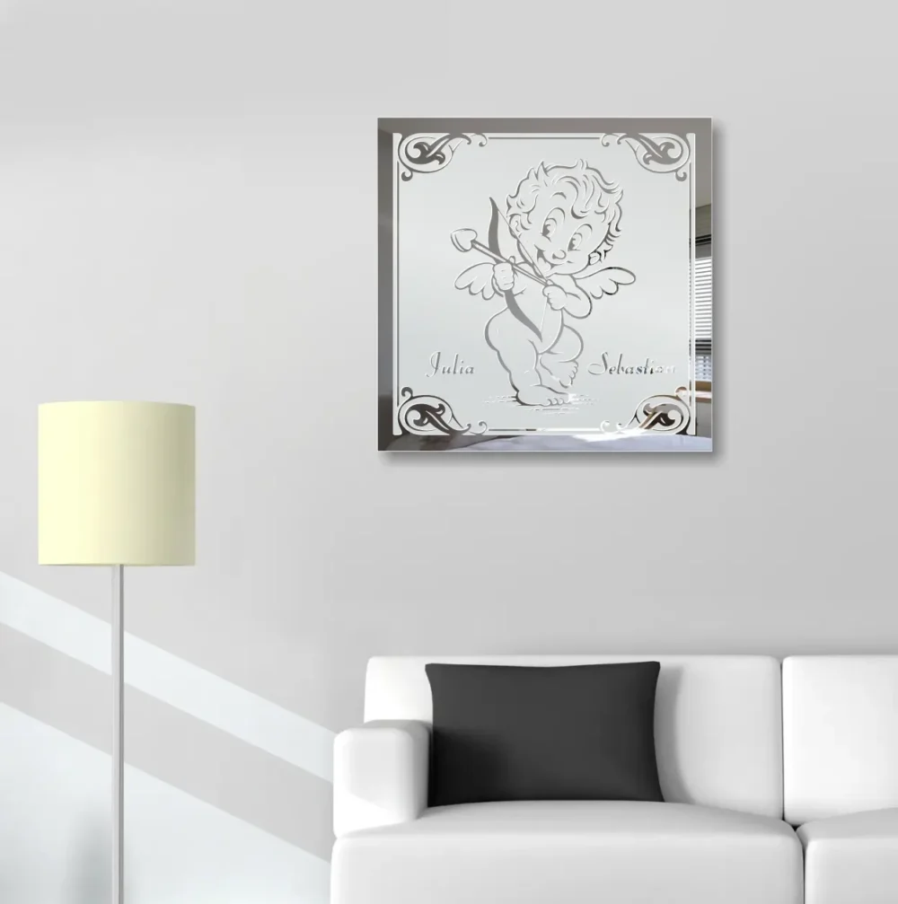 Amor Liebes Engel Motivspiegel Spiegel Motiv Hochzeitspaar Geschenk Unikat personalisiert Gravur Namen