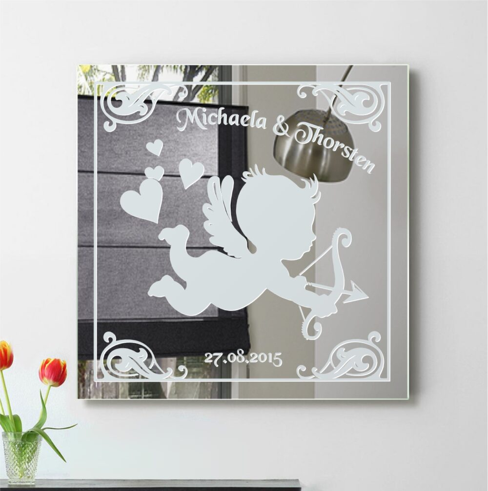 Amor Liebes Engel Motivspiegel Spiegel Motiv Hochzeitspaar Geschenk Unikat personalisiert Gravur Namen1