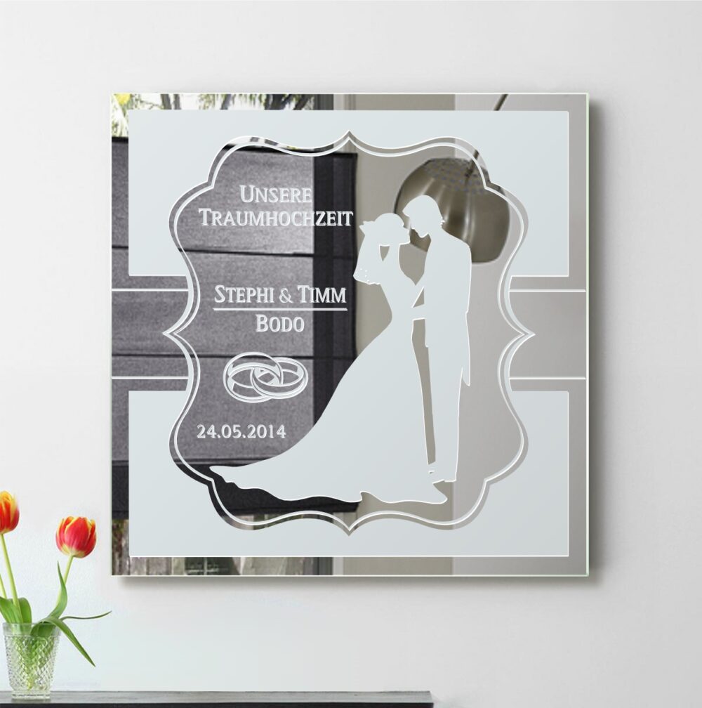 Edles Hochzeitsgeschenk Paar Hochzeitspaar Motivspiegel Spiegel Motiv Geschenk Gravur Unikat personalisiert Ringe Namen