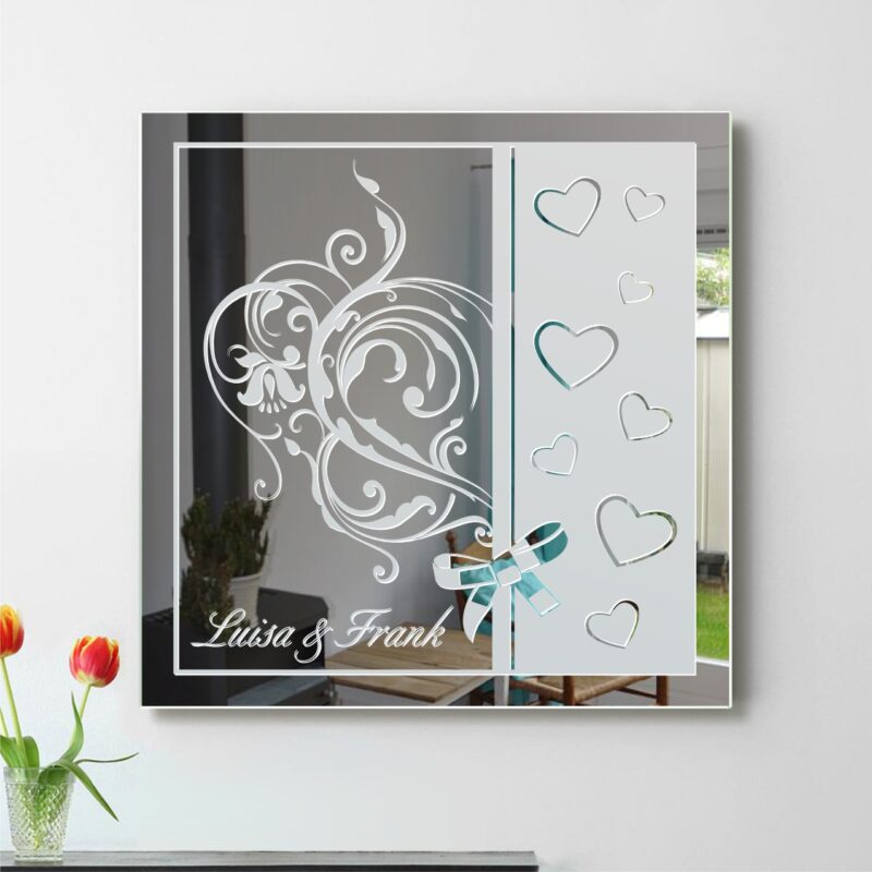 Herz Ranken Liebe Motivspiegel Spiegel Motiv Hochzeitspaar Geschenk Gravur Namen Unikat personalisiert Rahmen 1