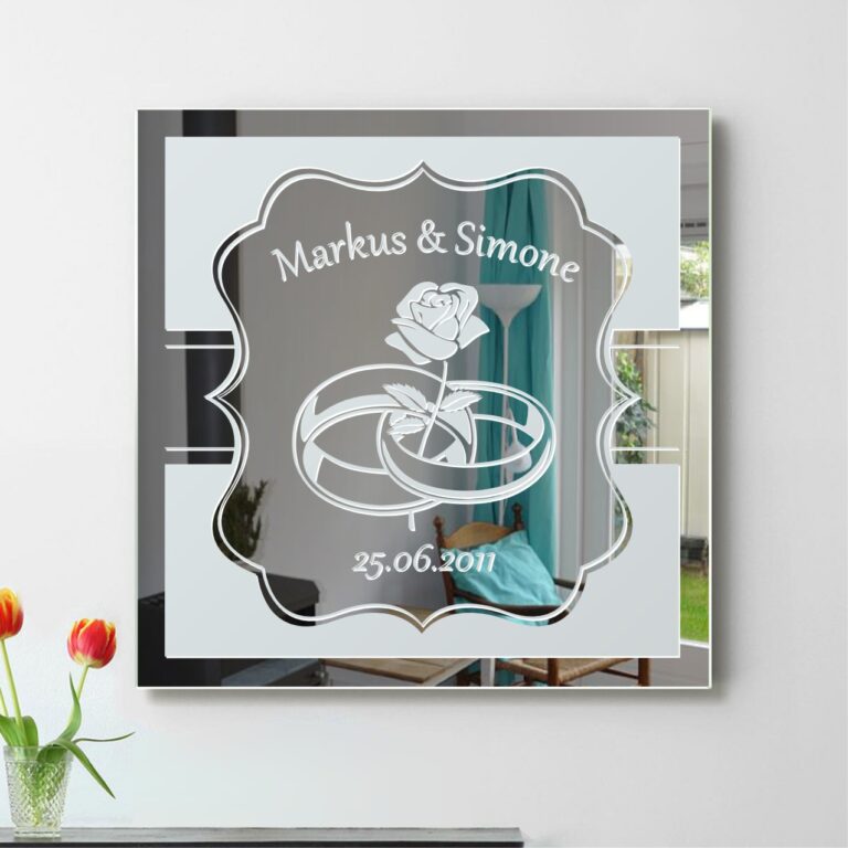 Hochzeit Ringe mit Rose Motivspiegel Spiegel Motiv Hochzeitspaar Geschenk Gravur Unikat personalisiert