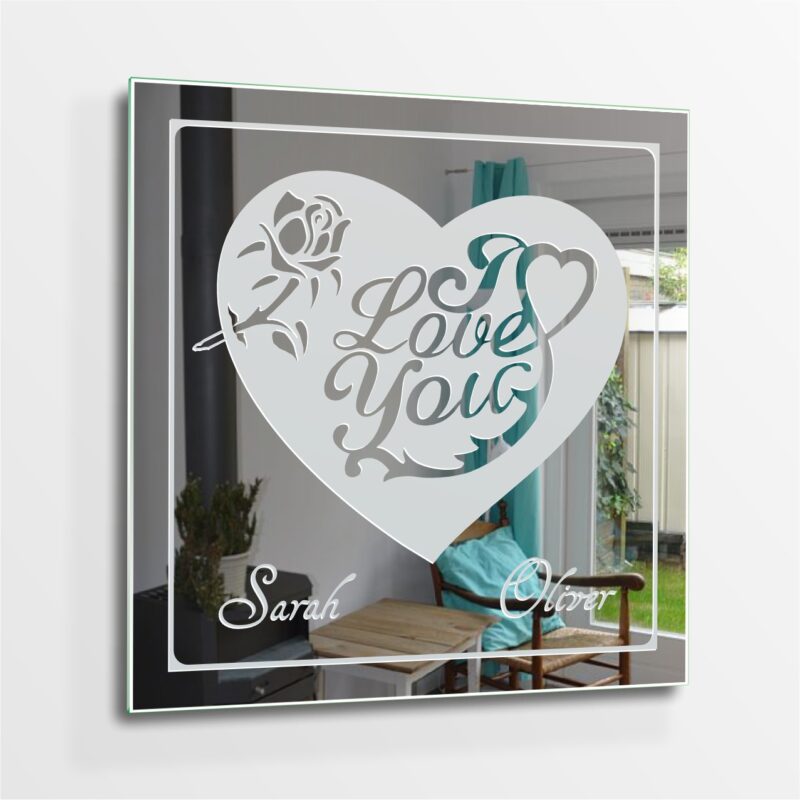 I Love You Liebe Herz mit Rose Motivspiegel Spiegel Motiv Hochzeitspaar Geschenk Gravur Unikat personalisiert Namensgravur