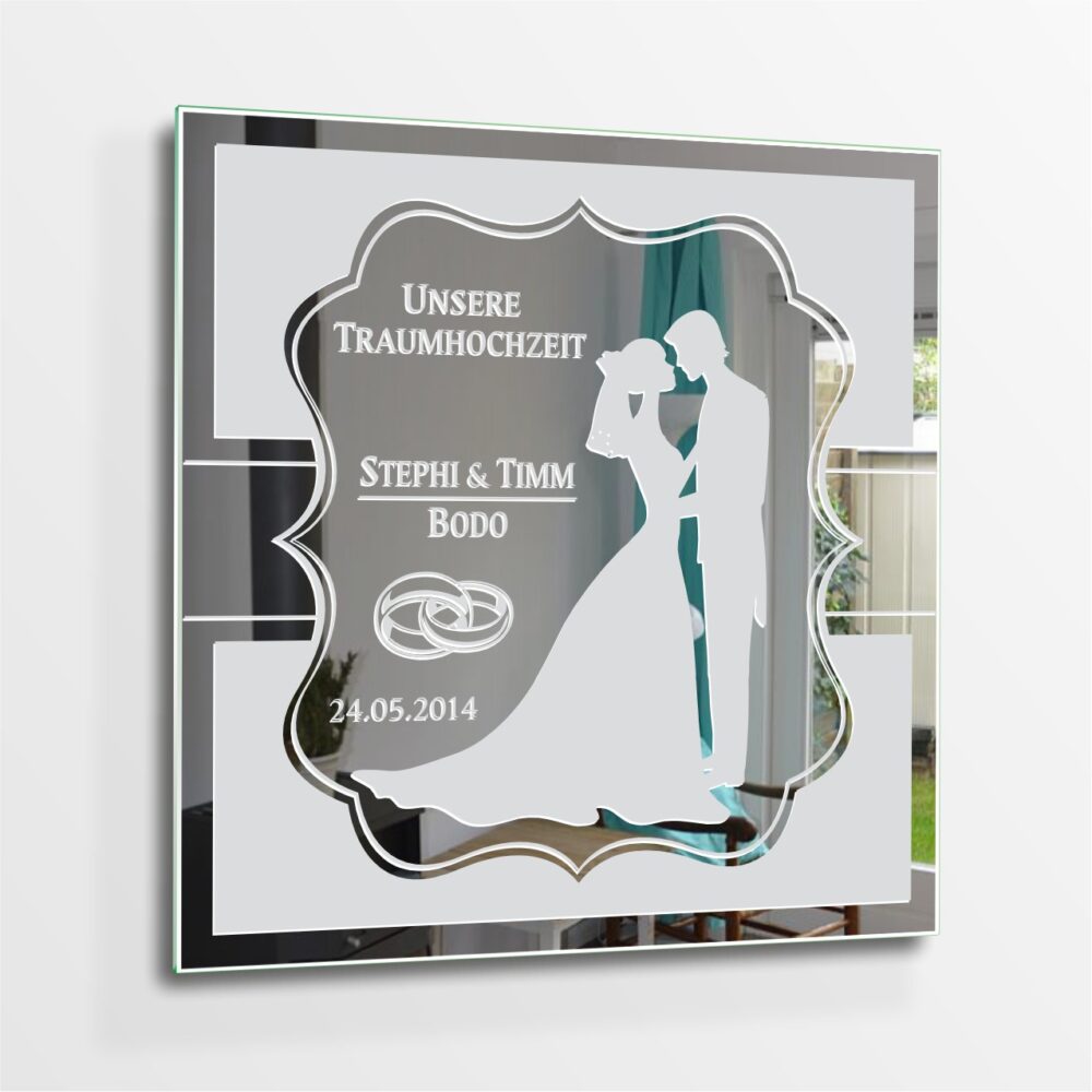 Traumhochzeit Hochzeit Paar Hochzeitspaar Motivspiegel Spiegel Motiv Geschenk Gravur Unikat personalisiert