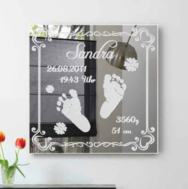Baby Geburt Motiv Bild Wandspiegel mit personalisierter Gravur Spiegel