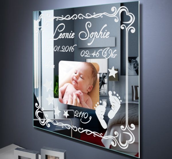 Baby Geburt Spiegel mit Bild und Gravur Namen