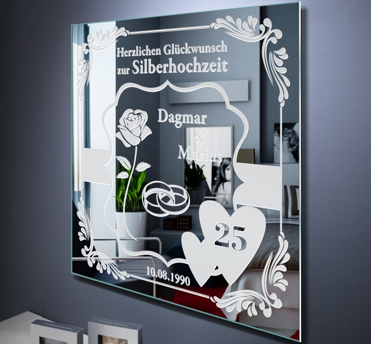 Hochzeit  Motivspiegel Silberhochzeit Goldene Bild Spiegel Gravur Namen Geschenk 