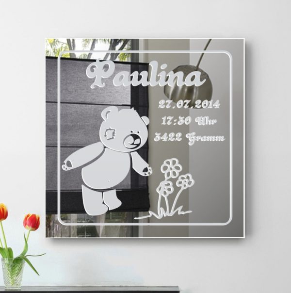 Baby Geburt Wandpiegel Gravur Teddy mit Blumen personalisierter Spiegel
