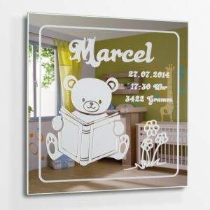 Teddy Motiv Baby Spiegel mit Gravur der Geburtsdaten Unikat Spiegel