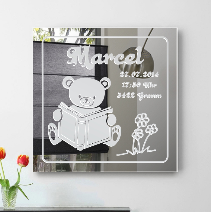 Teddy Motiv Baby Spiegel mit Gravur der Geburtsdaten Unikat Spiegel -  Motivspiegel Shop