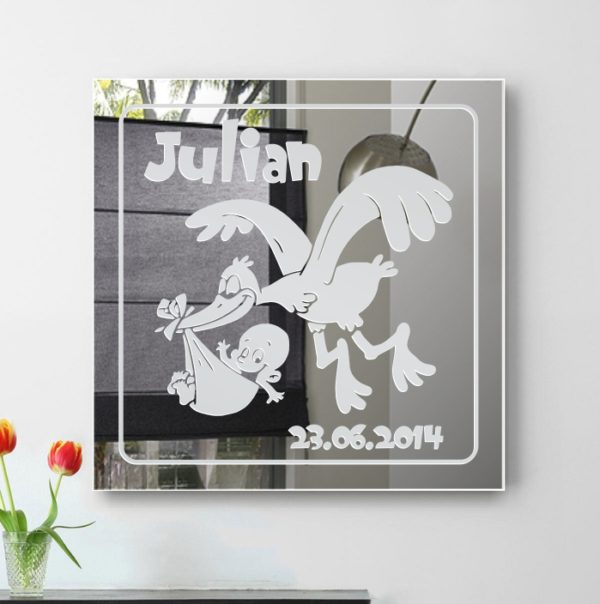 Storch Baby Spiegel Bild mit Gravur Wandbild Namen Geburtstag Geschenk Unikat