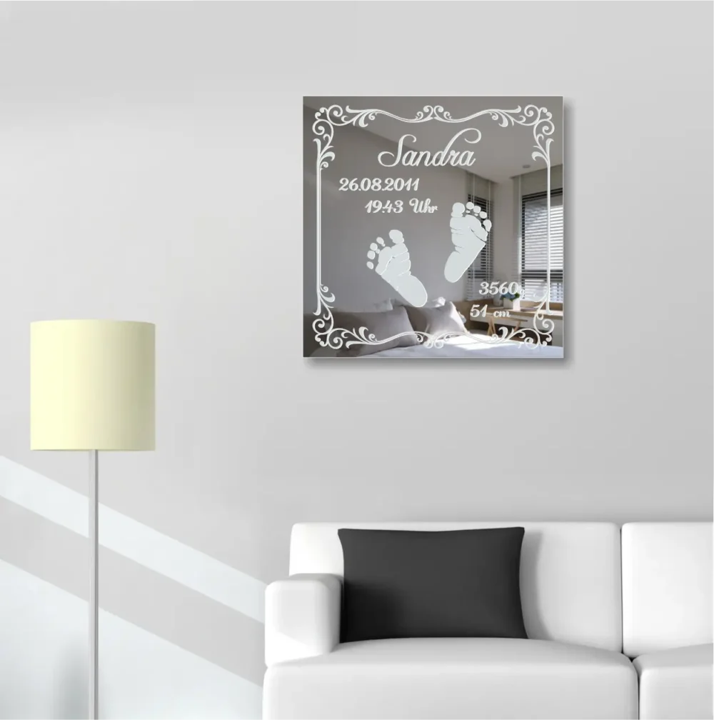 Baby Füße Motivspiegel Gravur Anfertigung Geburt Baby Spiegel Motiv Bild Schild Geschenk Unikat