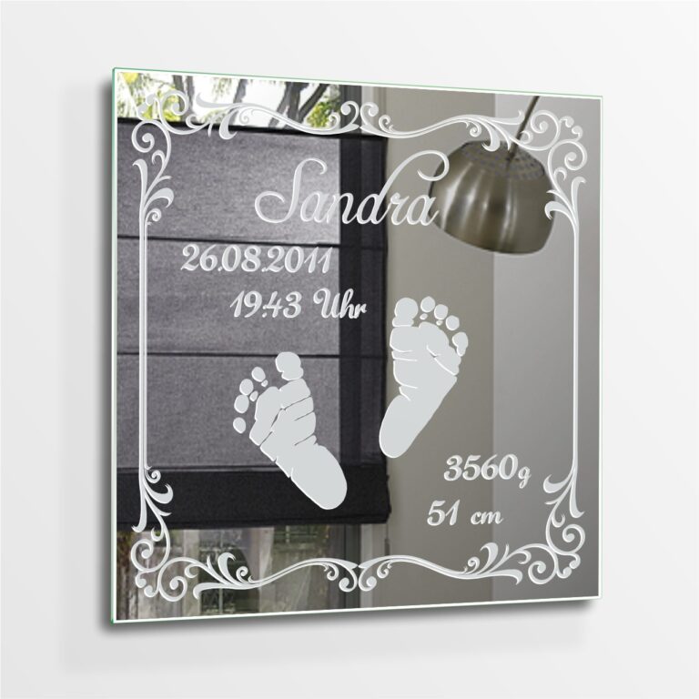 Baby Füße Motivspiegel Gravur Anfertigung Geburt Baby Spiegel Motiv Bild Schild Geschenk Unikat sonderanfertigung