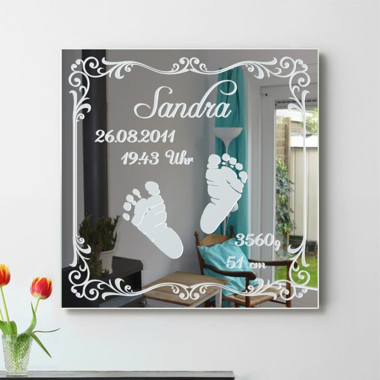 Baby Füße Motivspiegel Gravur Anfertigung Geburt Baby Spiegel Motiv Bild Schild Geschenk Unikat sonderanfertigung1