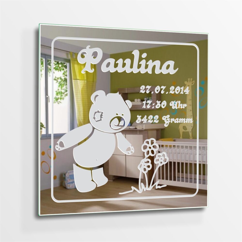 Teddy Motivspiegel Gravur zur Geburt Baby Spiegel Motiv Bild Schild Geschenk Unikat personalisiert