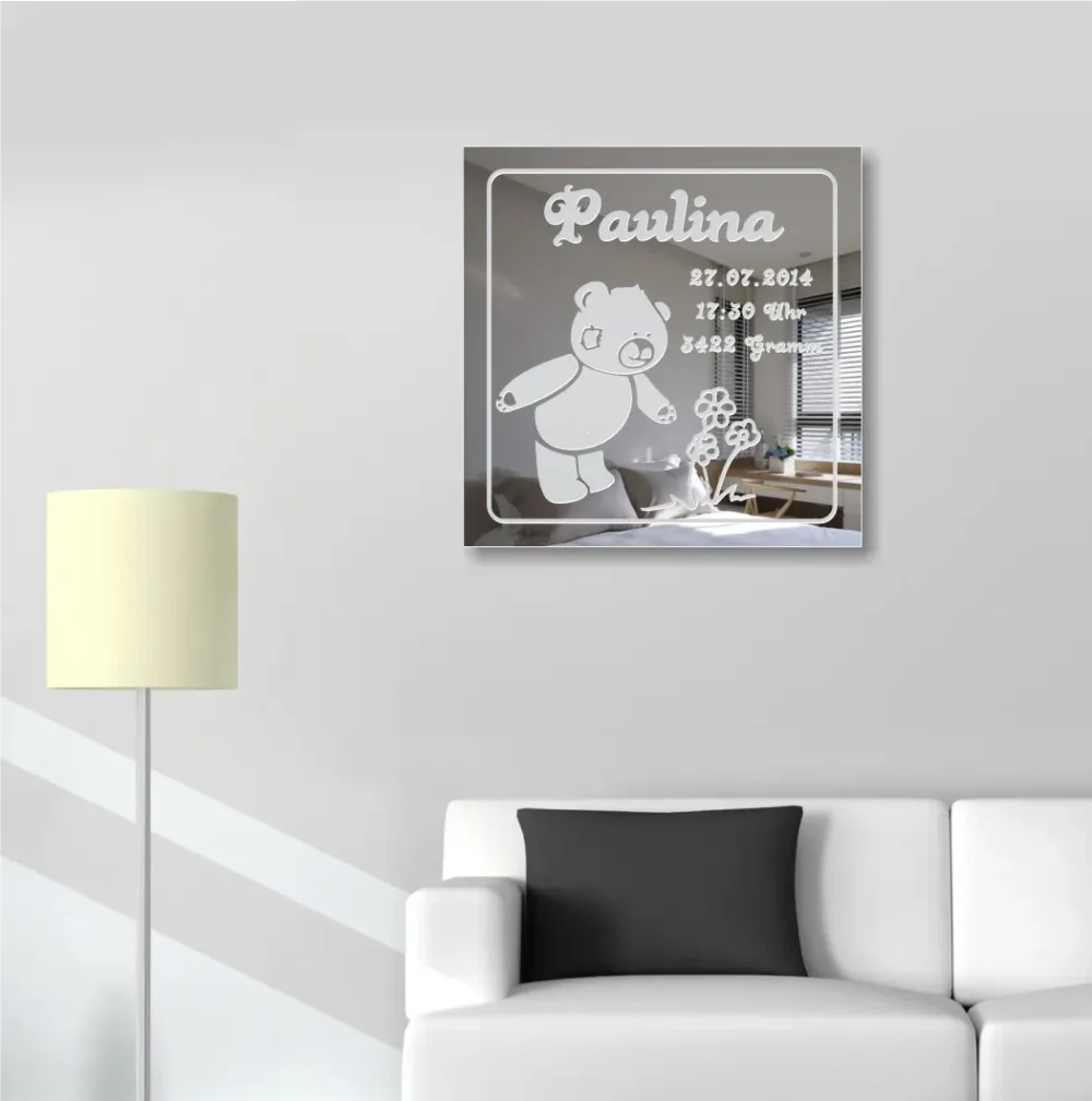 Teddy Motivspiegel Gravur zur Geburt Baby Spiegel Motiv Bild Schild Geschenk Unikat personalisiert Rahmen