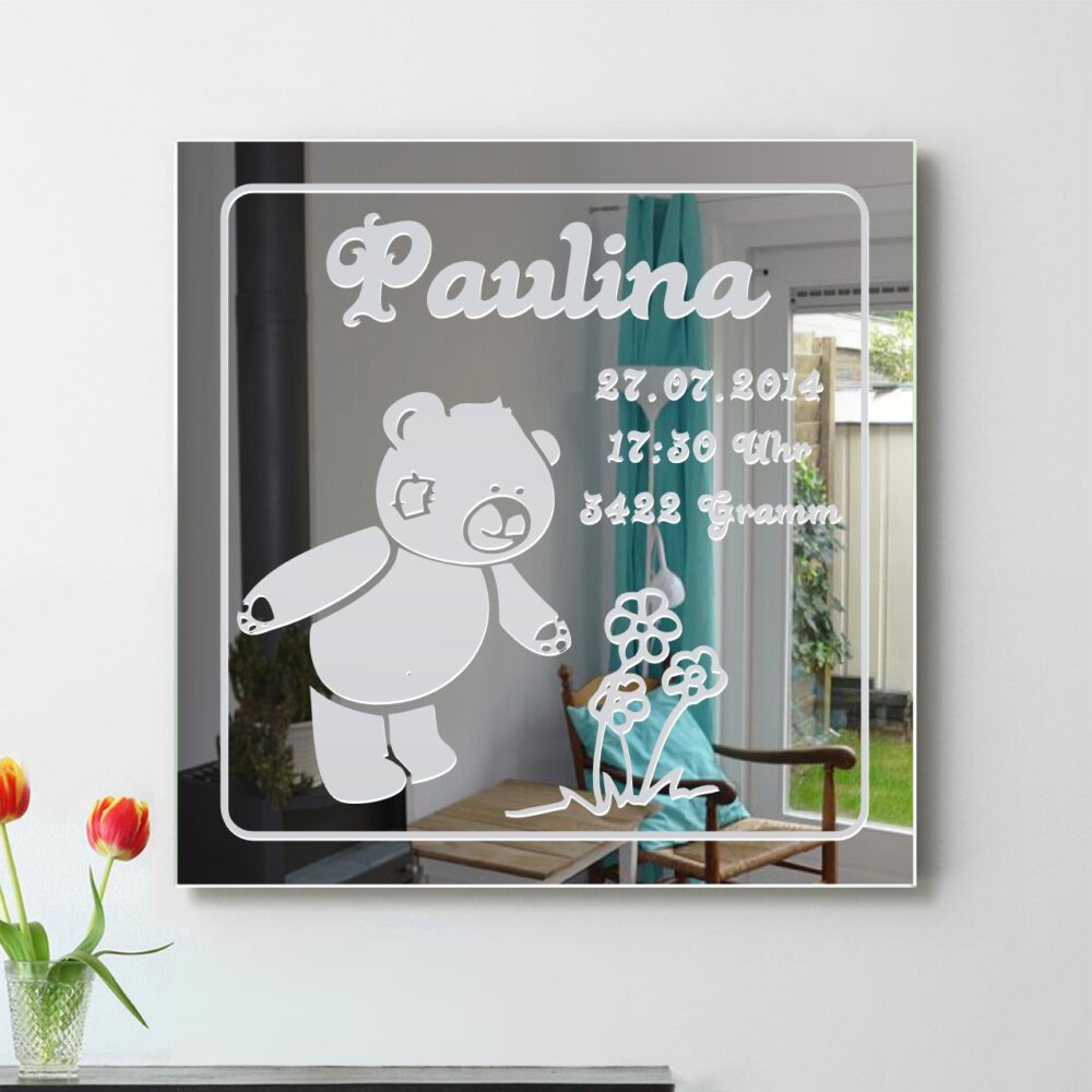 Teddy Motivspiegel Gravur zur Geburt Baby Spiegel Motiv Bild Schild Geschenk Unikat personalisiert1