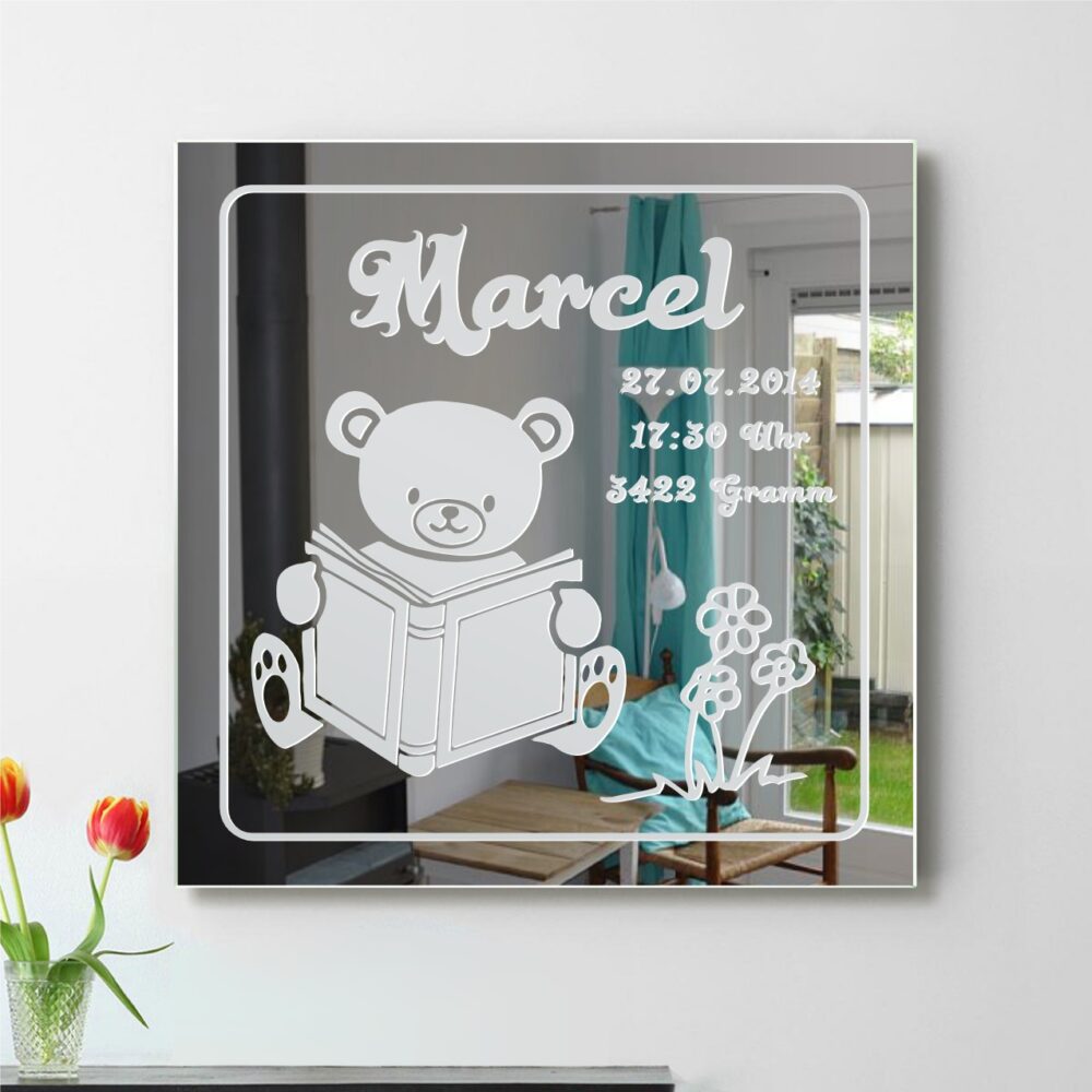 Teddy Motivspiegel Gravur zur Geburt Baby Spiegel Motiv Bild Schild Glas Geschenk Unikat personalisiert 1