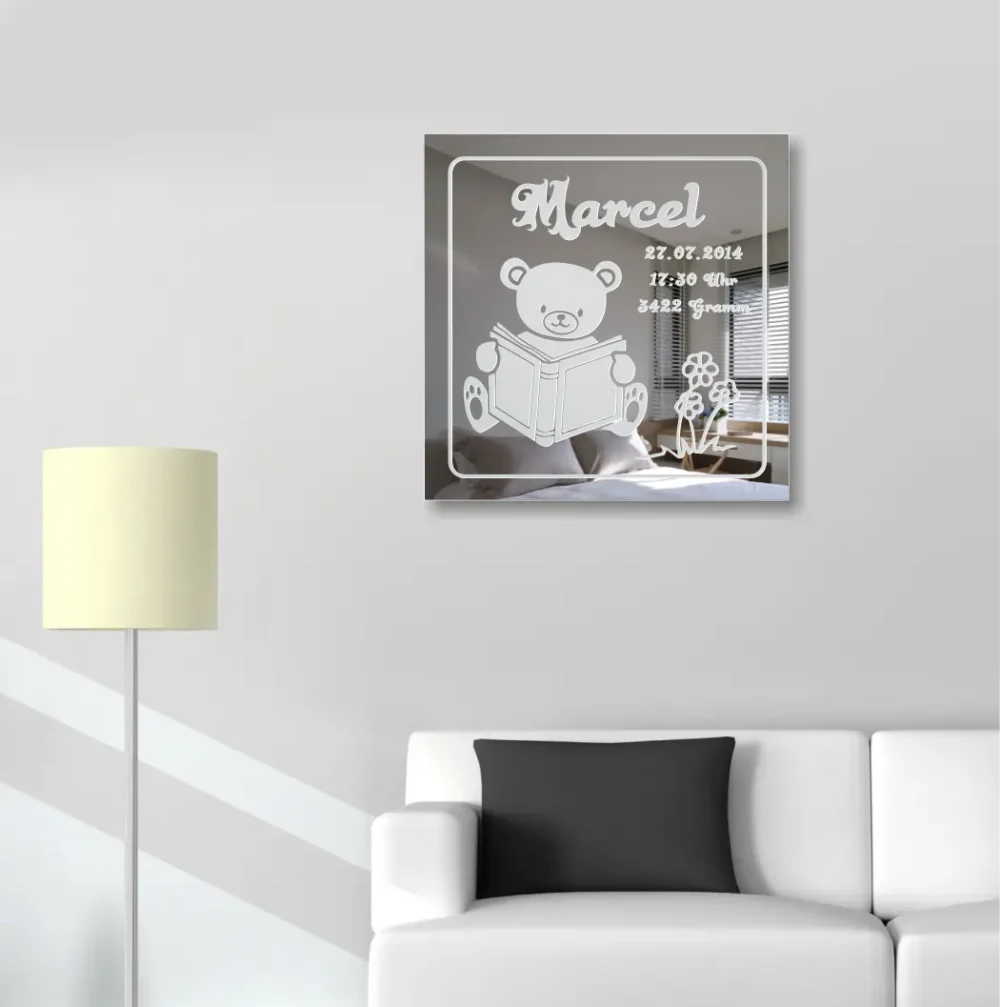 Teddy Motivspiegel Gravur zur Geburt Baby Spiegel Motiv Bild Schild Glas Geschenk Unikat personalisiert