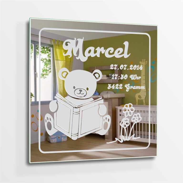 Teddy Motivspiegel Gravur zur Geburt Baby Spiegel Motiv Bild Schild Glas Geschenk Unikat personalisiert