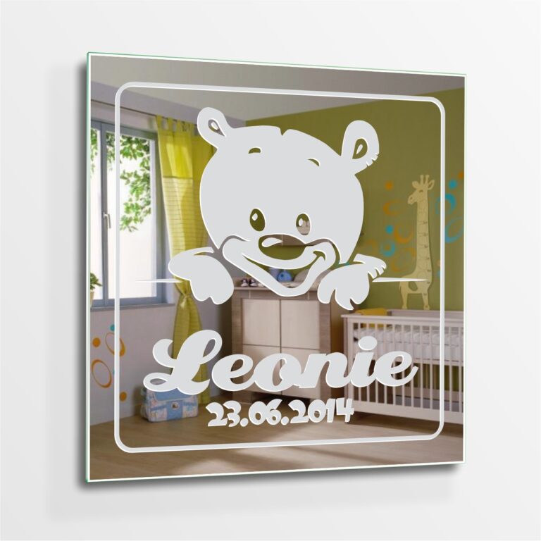 Teddybär Motivspiegel Gravur zur Geburt Baby Spiegel Motiv Bild Schild Glas Geschenk Unikat personalisiert