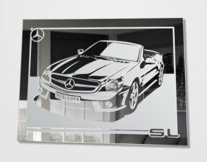 MERCEDES SL Bild Motiv Spiegel Gravur Glasbild Design Deko