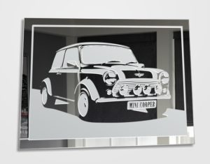 MINI COOPER Bild Motiv Spiegel Gravur Glasbild Design Deko