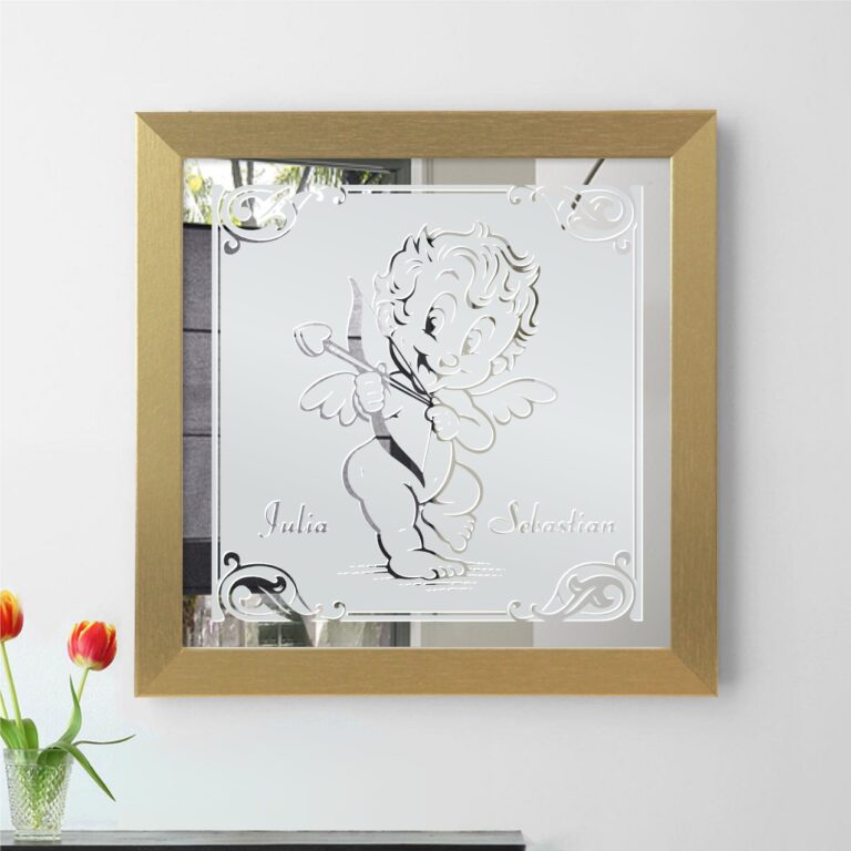 Amor Liebes Engel Motivspiegel Spiegel Motiv Hochzeitspaar Geschenk Unikat personalisiert Gravur Namen Holzrahmen gold