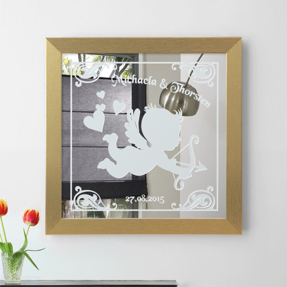 Amor Liebes Engel Motivspiegel Spiegel Motiv Hochzeitspaar Geschenk Unikat personalisiert Gravur Namen Rahmen gold