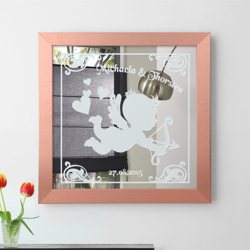 Amor Liebes Engel Motivspiegel Spiegel Motiv Hochzeitspaar Geschenk Unikat personalisiert Gravur Namen Rahmen rose