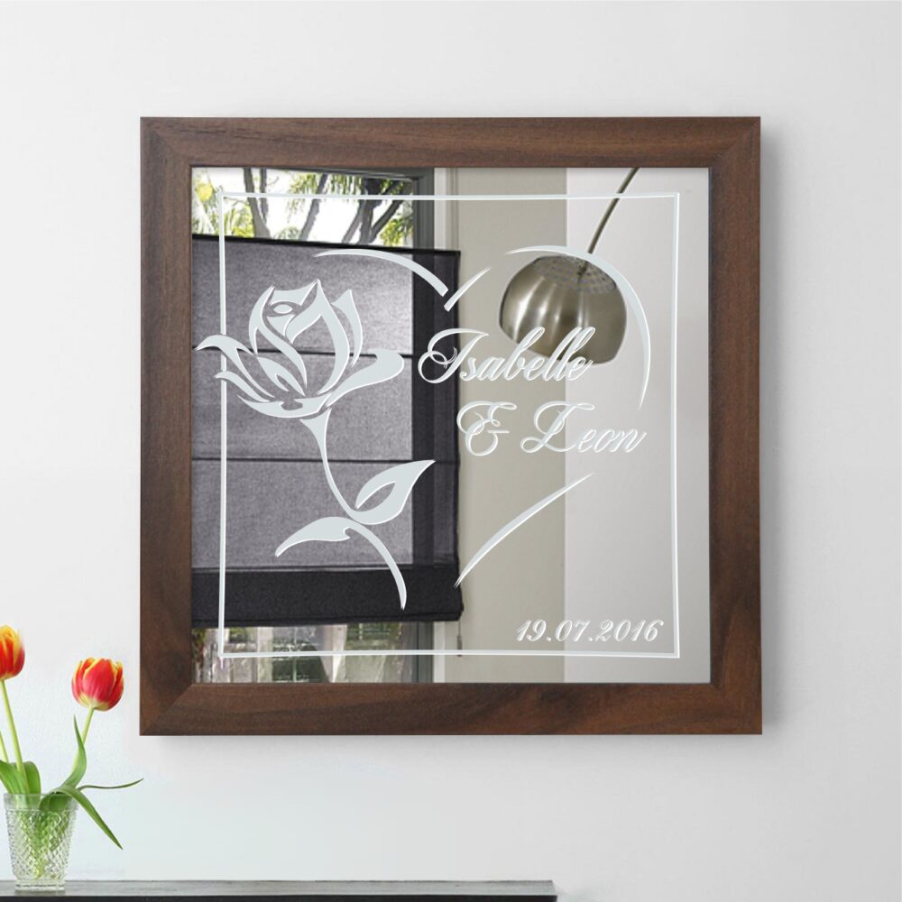 Glückwunsch Herz Rose Motivspiegel individuell Gravur Namen Spiegel Motiv Geschenk Unikat Sonderanfertigung Rahmen Natur Braun