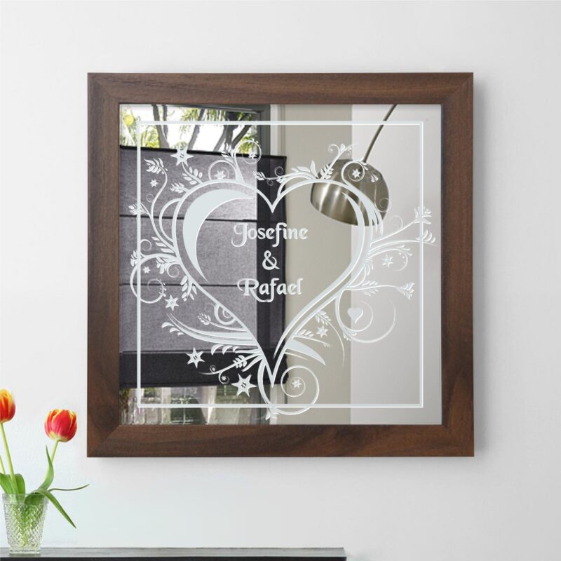 Herz Ranken Liebe Gravurspiegel Deco Spiegel Bild Hochzeitspaar Geschenk Gravur Namen Unikat personalisiert Rahmen braun