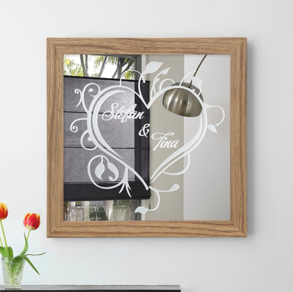 Herz Ranken Liebe Motivspiegel Spiegel Motiv Hochzeitspaar Geschenk Gravur Namen Unikat personalisiert Rahmen natur