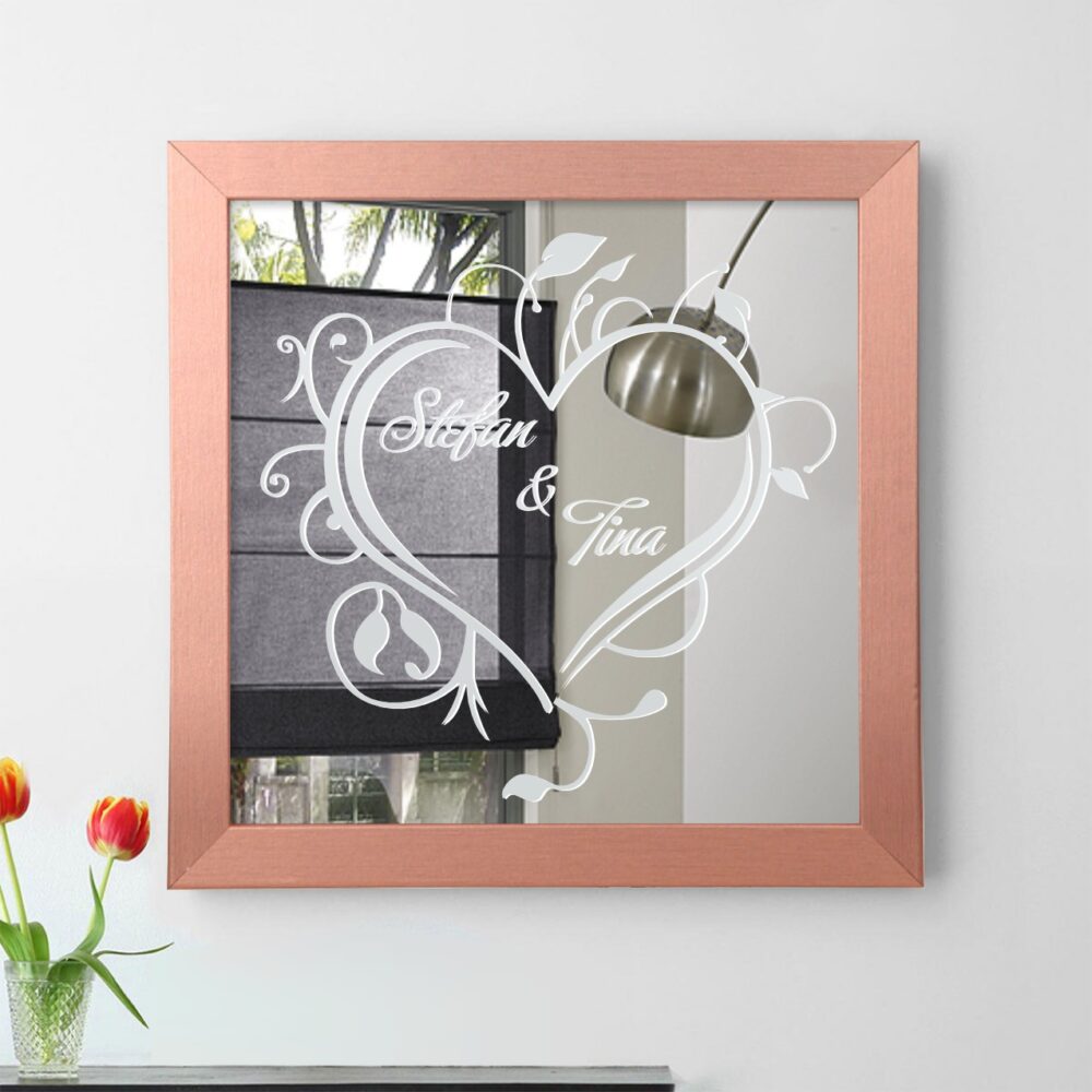 Herz Ranken Liebe Motivspiegel Spiegel Motiv Hochzeitspaar Geschenk Gravur Namen Unikat personalisiert Rahmen rose